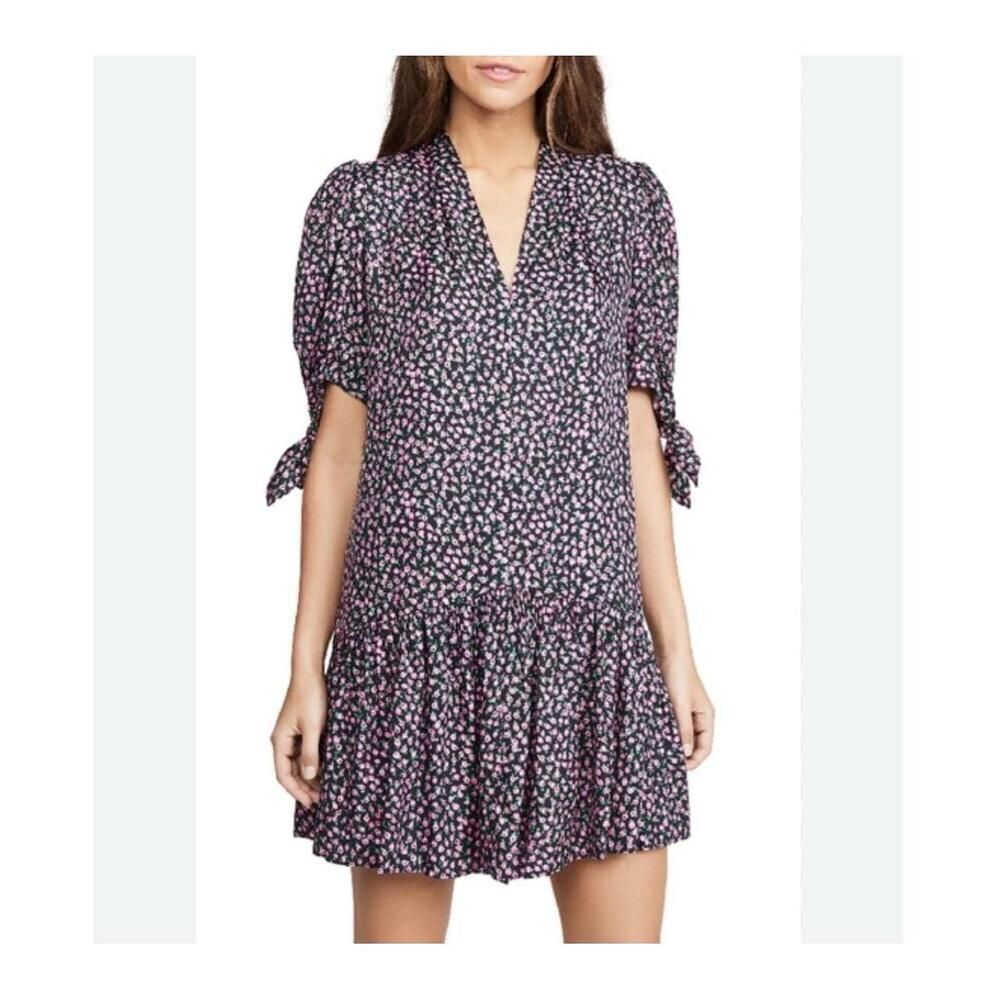 Rebecca Taylor Silk Blend Floral Mini Dress Black Floral Puff Tiered Romantic